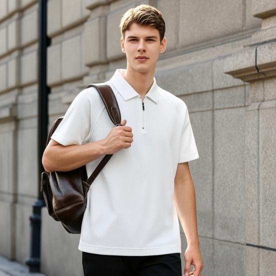 Men Quarter Zip Shirt Loose Fit Turndown Collar Short Sleeve Textured Shirt Casual Solid Color Golf Shirt for Office Daily Life Date