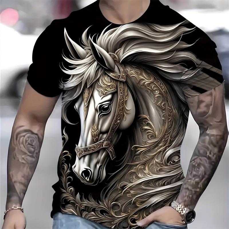 3D Majestic Horse Printing Round Neck Street Fashion T-Shirt Three-Dimensional Printing Horse Men's Creative Short-Sleeved Round