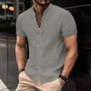 Summer Men's Casual Cotton Linen Short Sleeved Stand Up Collar Seven Button Shirt