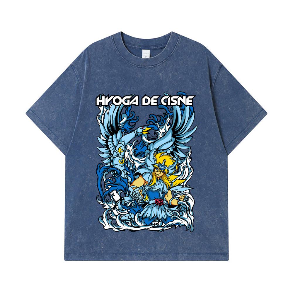 

275 GSM Washed T-shirts 100% Cotton Saint Seiya V14 Hyoga Print Unisex Heavy Cotton T Shirt 2XL королівський синій колір