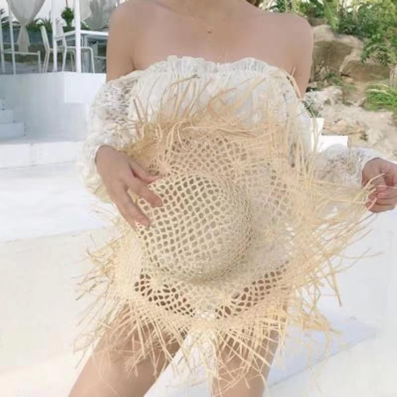 Summer Ins Travel Vacation Wind Hollow Raffia Straw Hat Women's Big Brim Shading Sun Protection Burr Edge Temperament Beach