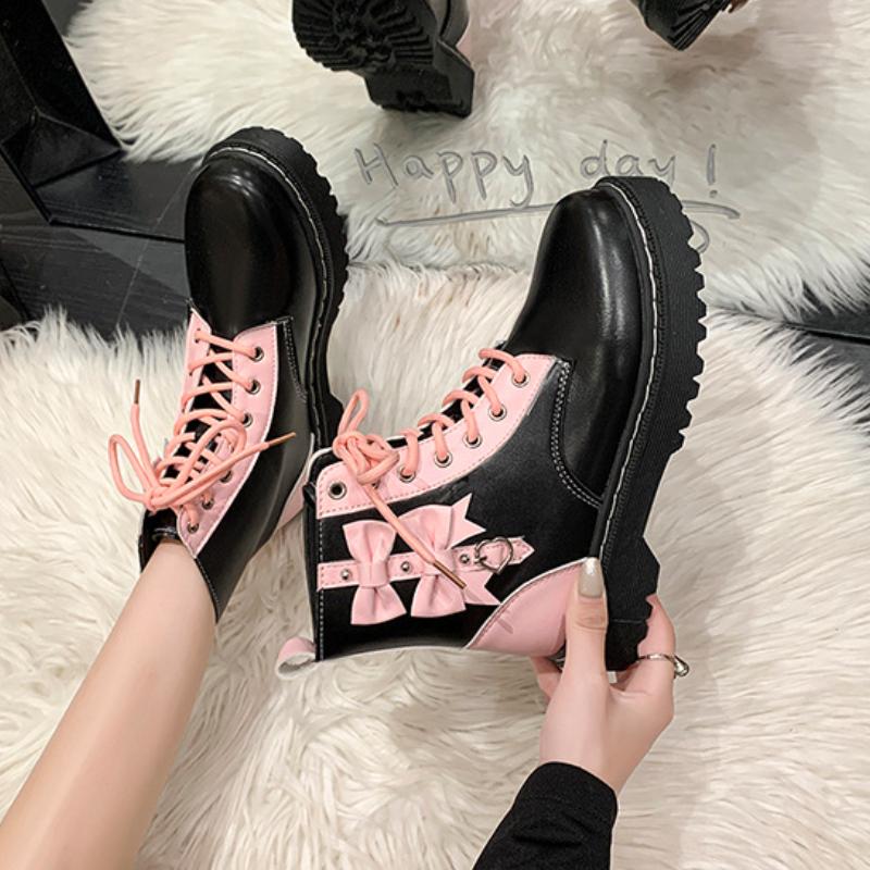 Mode Europäisch und Amerikanisch Farbpassende Kurze Stiefel 2024 Herbst und Winter Design Dicke Sohle Schleifenschmuck Mode Stiefel Trafza