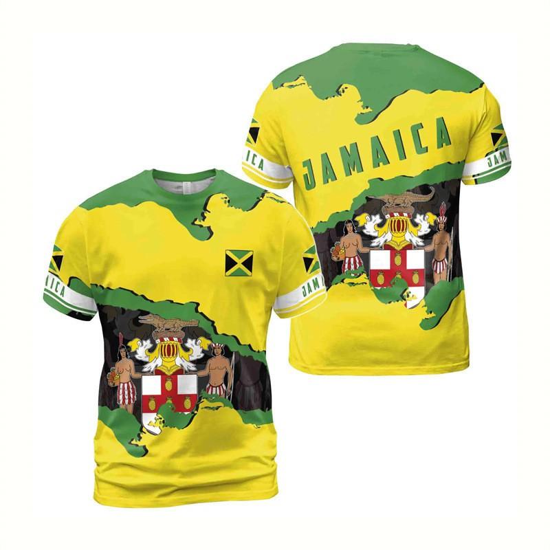 Mens Oversized Round Neck Short Sleeve T-Shirt With Jamaica Flag 3D Print Casual Tee