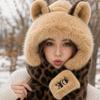 Thick Warm Lining Fox Ear Hat Scarf Faux Fur Plush Winter Scarf Hooded Scarf Set  Cold Weather