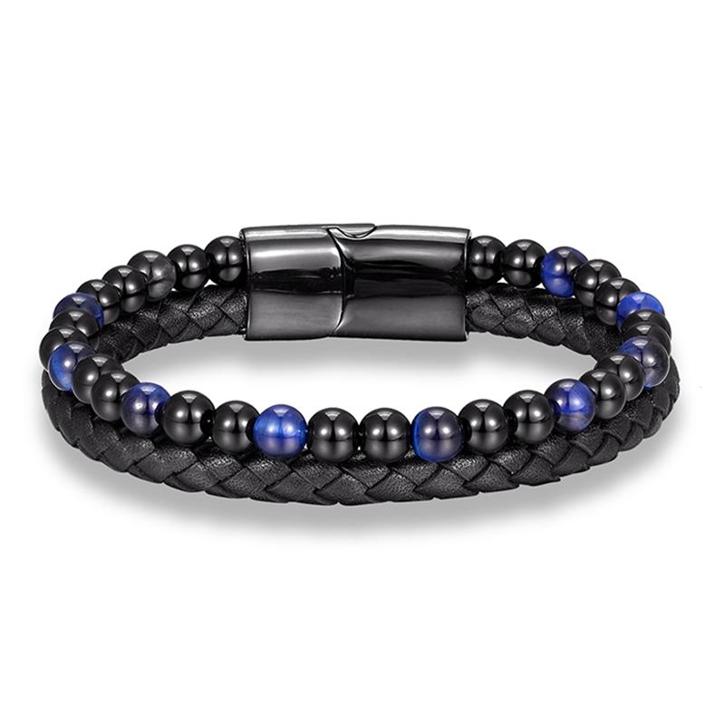 Férfi Valódi Bőr Fonott Karkötő Fekete Rozsdamentes Acél Mágneses Kapocs Kék Tigrisszem Gyöngy Karkötők Természetes Kő Ékszerek 19CM lapis lazuli színű