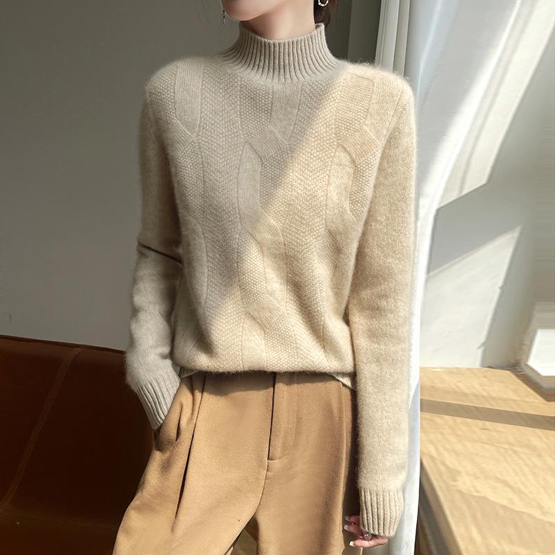 2025 Autumn/Winter Women's Chunky Knit Wool Sweater - Half-High Neck, Solid Color Pullover.