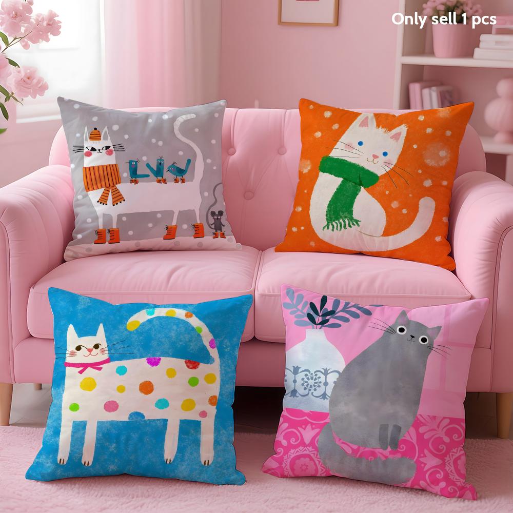 Cat Cute Cushion Cover Soft Short Plush Double-Sided Printing Home Decor Machine Washable Pillow Case Gift