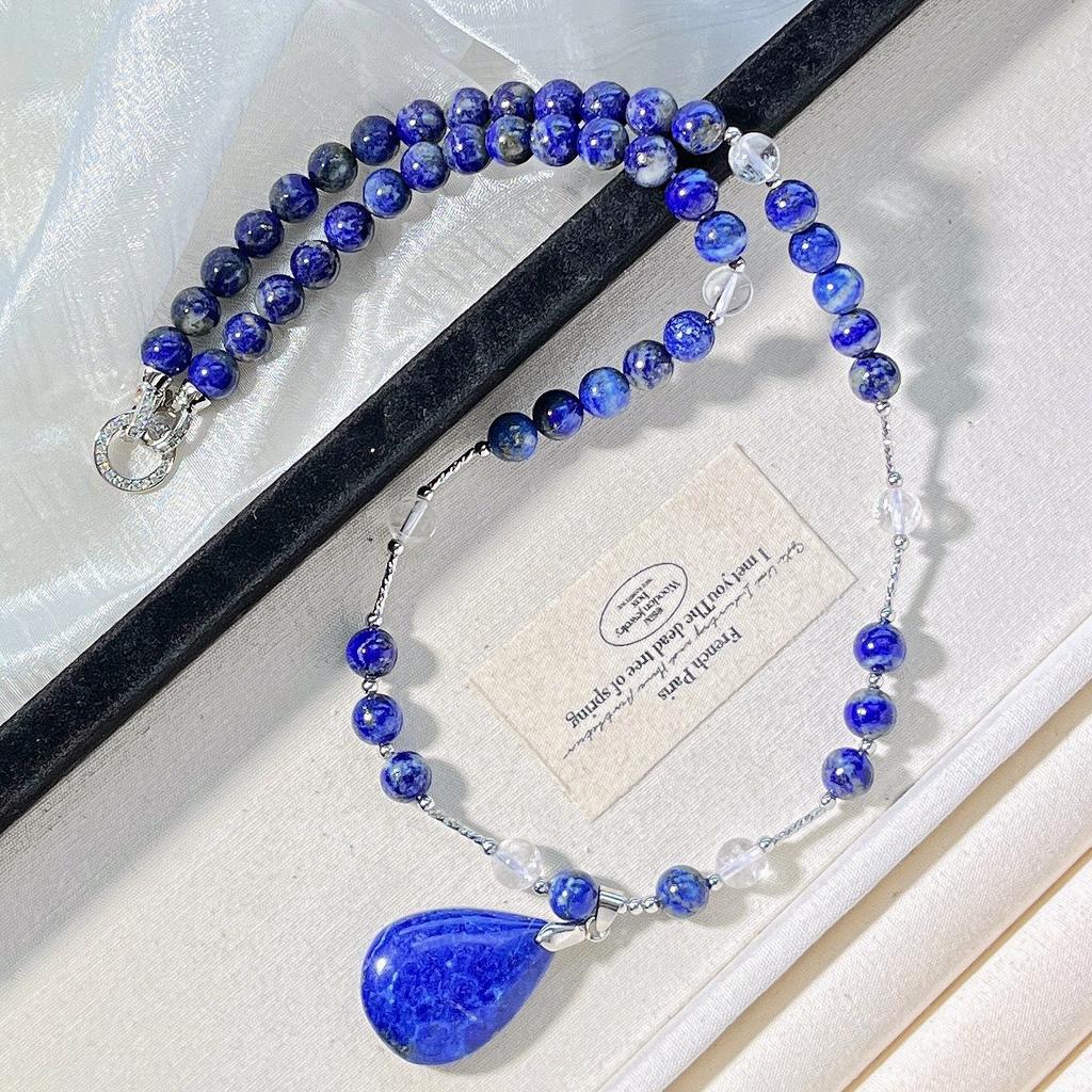 Natural Lapis Lazuli White Crystal Design Necklace Collarbone Chain Sweater Chain