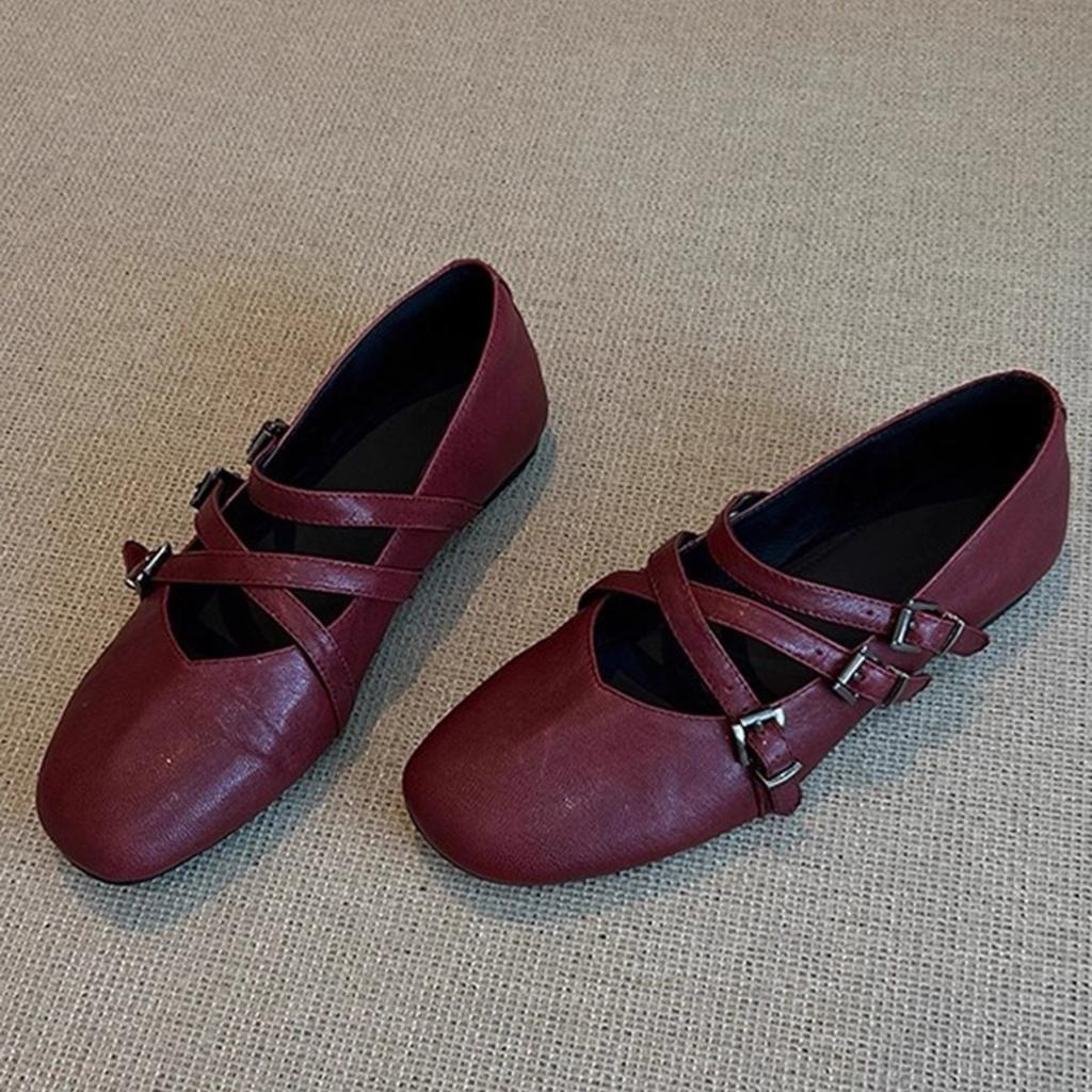 Sheepskin version~ French cross-strapped red Mary Jane shoes flat single shoes women's shallow mouth evening wind fairy ballet shoes