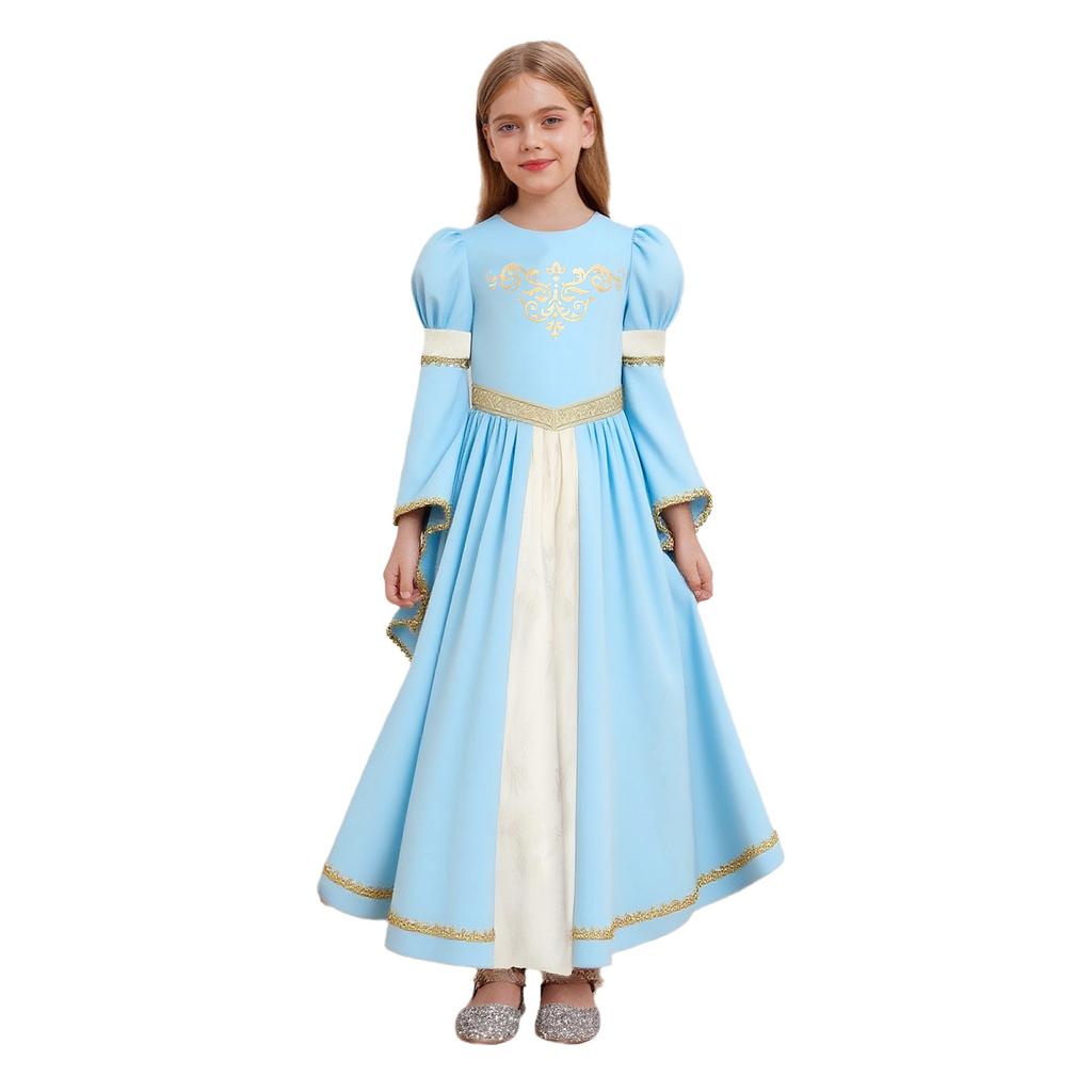 Luxury Medieval Princess Gown for Kids: Detailed Patchwork, Bell Sleeves, Gold Print & Waist Band for Renaissance Theme Event