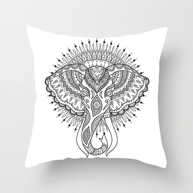 Black and White Ethnic Style Elephant Print Car Cushion Cover Sofa Pillow Cover Homewares