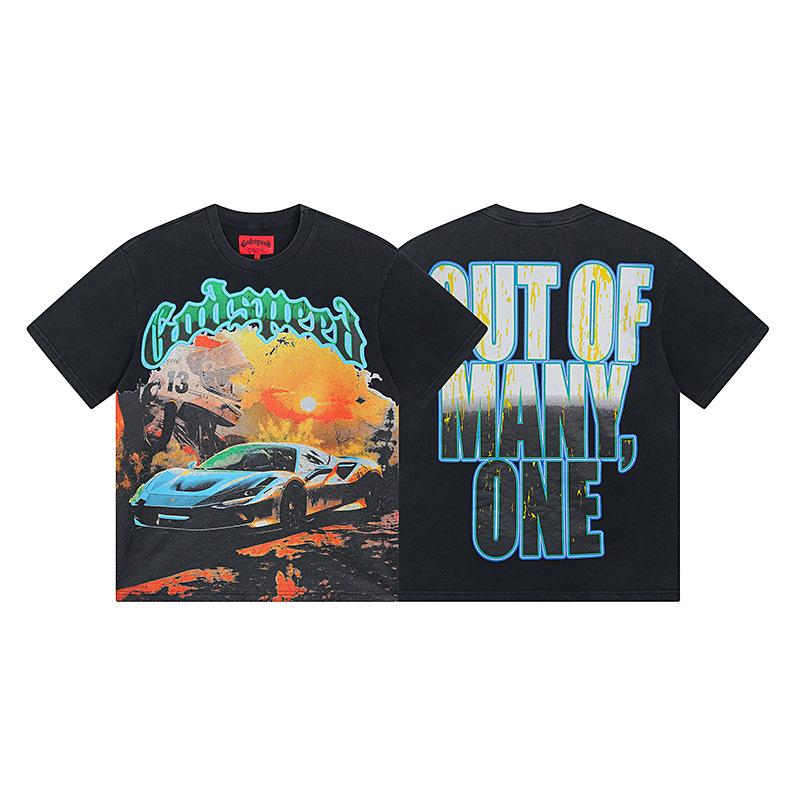 Cross-border trendy brand GS Skull Band Alphabet Printing Washing Water Short Sleeve Loose T-Shirt Men's and Women's High Street Retro Half Sleeve