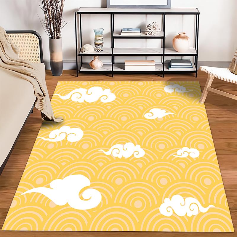 White Clouds on Yellow Wave Pattern Rug Non-slip rug suitable for living room and bedroom sofas