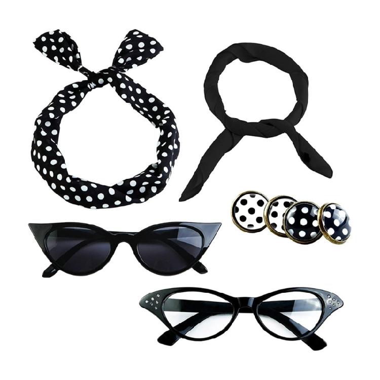 1950s Costume Accessories Set Scarf Headband Earrings Bandana Tie Cats Eye Glasses Set for 50s Party Halloween Cosplay