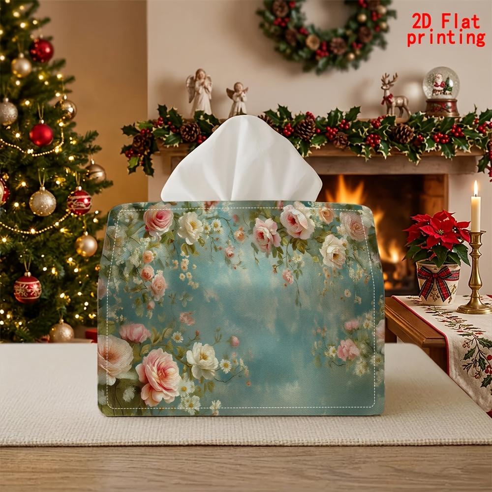 2D Flat 1pc, Tissue Box. Floral Pattern Napkin Dispenser, Reusable, Daily Desktop Tissue Organizer, Suitable for Kitchen Living Room Bedroom Bathroom,
