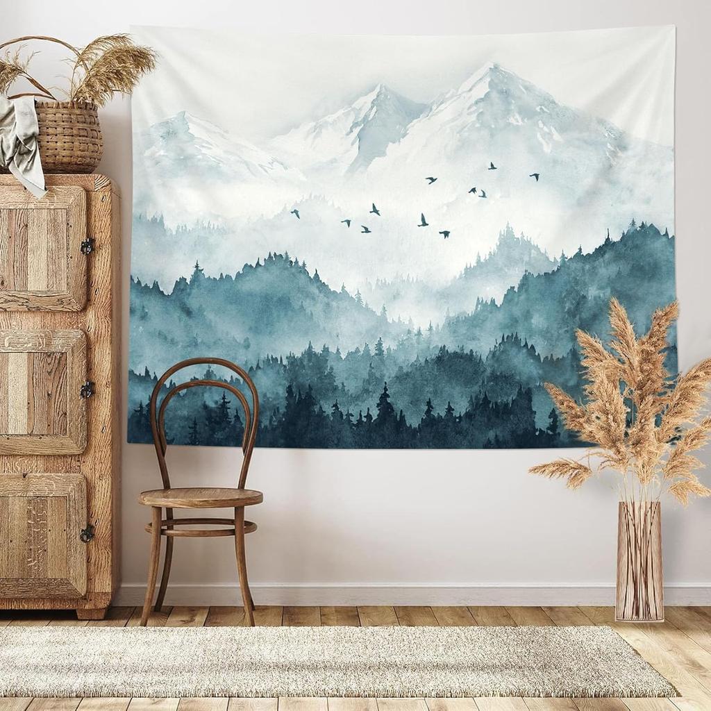 kampdream Mountain Forest Tapestry, Misty Foggy Teal Blue Tree Landscape Watercolor Art Wall Tapestries, Nature Scenery Tapestry