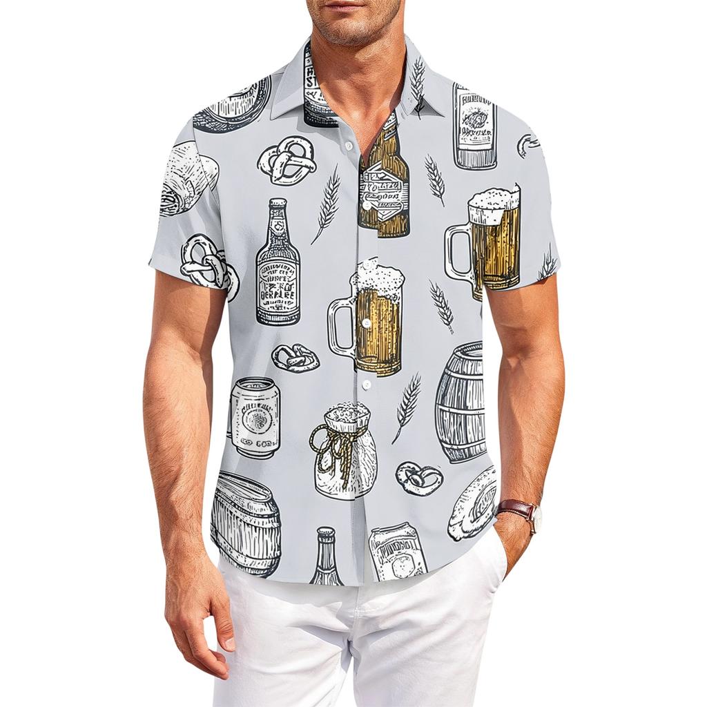 Men's Casual Loose Fit Short Sleeve Button Down Shirt Beer Festival Print Lightweight Breathable Fabric Summer Style