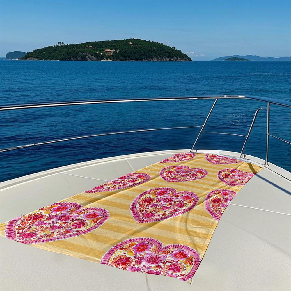 Floral Hearts On Yellow Stripes Quick Drying Bath Towel Microfiber Beach Towel Light Weight Swimming Camping Yoga Beach Out