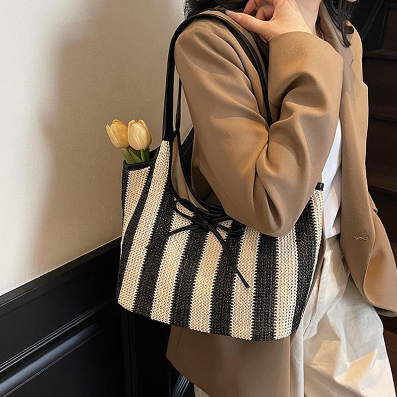 Women Straw Tote Handbag with Bow Weaving Travel Handbag Large Capacity Simple Shoulder Bag Female Woven Bag