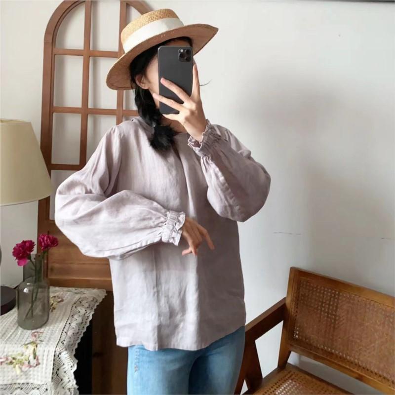 Johnature Ohrnovací límec Ležérní Dámské halenky Jaro Léto Vintage Lněné Volné Knoflíky Jednoduché Dámské košile Topy