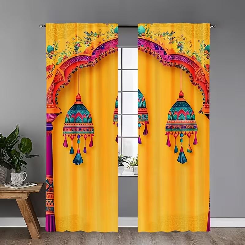 2PcsRetro patterned pendant print curtains,suitable for bedroom,living room kitchen decoration,home decoration,window decoration