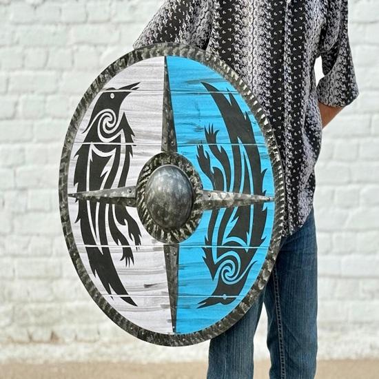 Handmade Viking Wooden Shield Tribal Raven Design, Norse LARP Cosplay