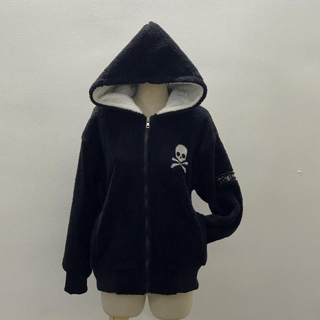 VAYLA Y2k Lammjacken Damen Gothic Hoodies Kreuz Totenkopf Grunge Reißverschluss Sweatshirts Vintage Lässige Kapuzenmäntel Harajuku Streetwear