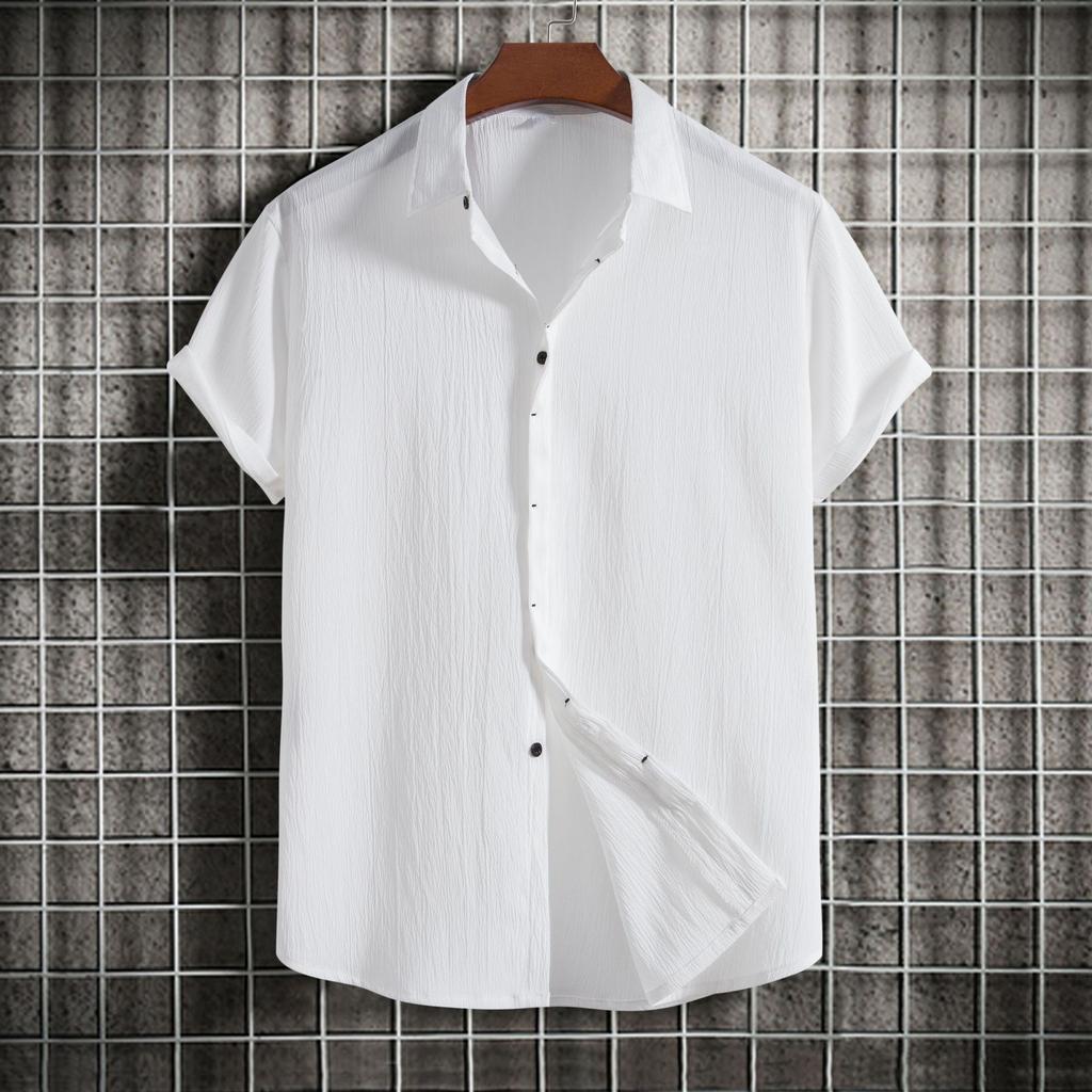 Summer Cotton Linen Shirt for Men's Lapel Loose Solid Color Hide Button Up Short Sleeve Shirts
