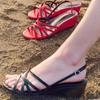 Cowhide version~ French niche wedge with thin strap open toe one-word strap sandals women's summer versatile beach sandals