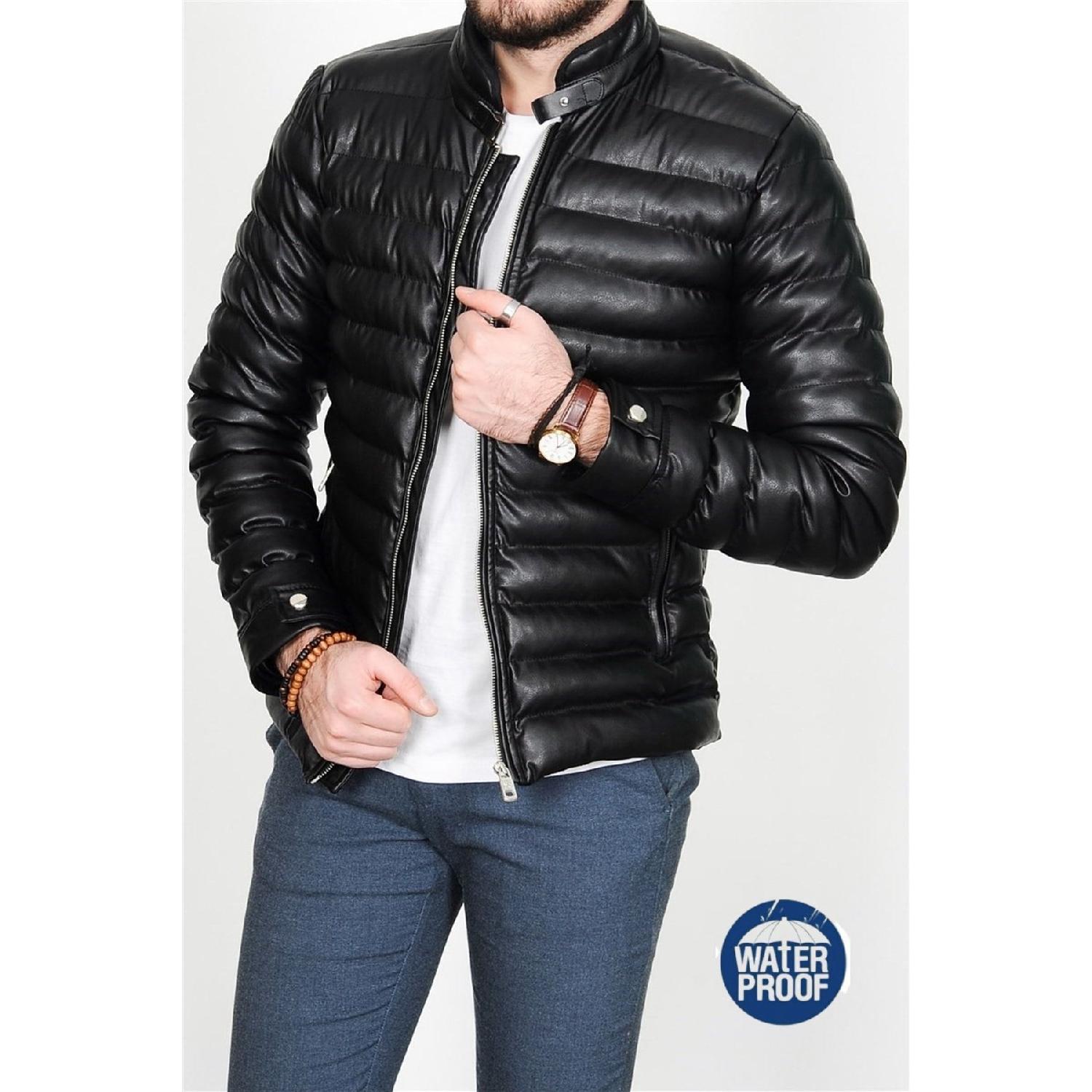 

Men s Black Slim Fit Furry Puffer Leather Coat With Inner Pocket S чорний