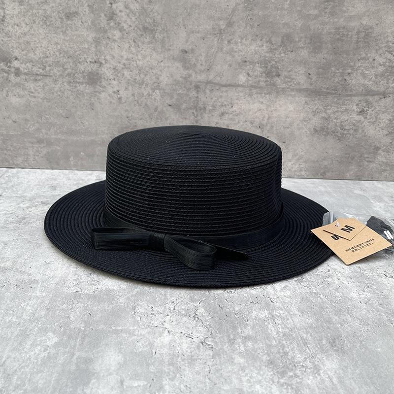 

2025 New French British Style Flat Top Straw Hat Women S Spring And Summer Fashion Versatile Sun Hat Beach Hat Flat Edge Top Hat M（56-58cm） чорний