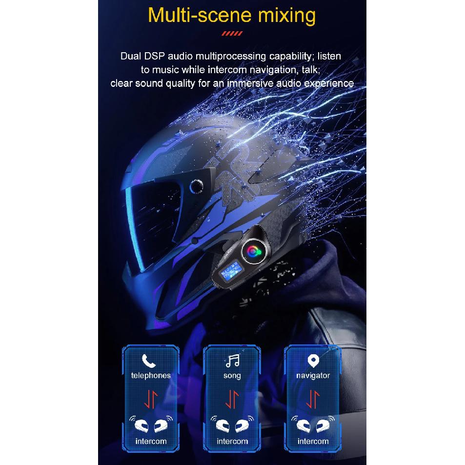 Q58-MAX Motorcycle Helmet Bluetooth Headset Intercom LED Lighting Dual 500M IP65 Rateddeep Waterproof Stereo FM Radio Interphone