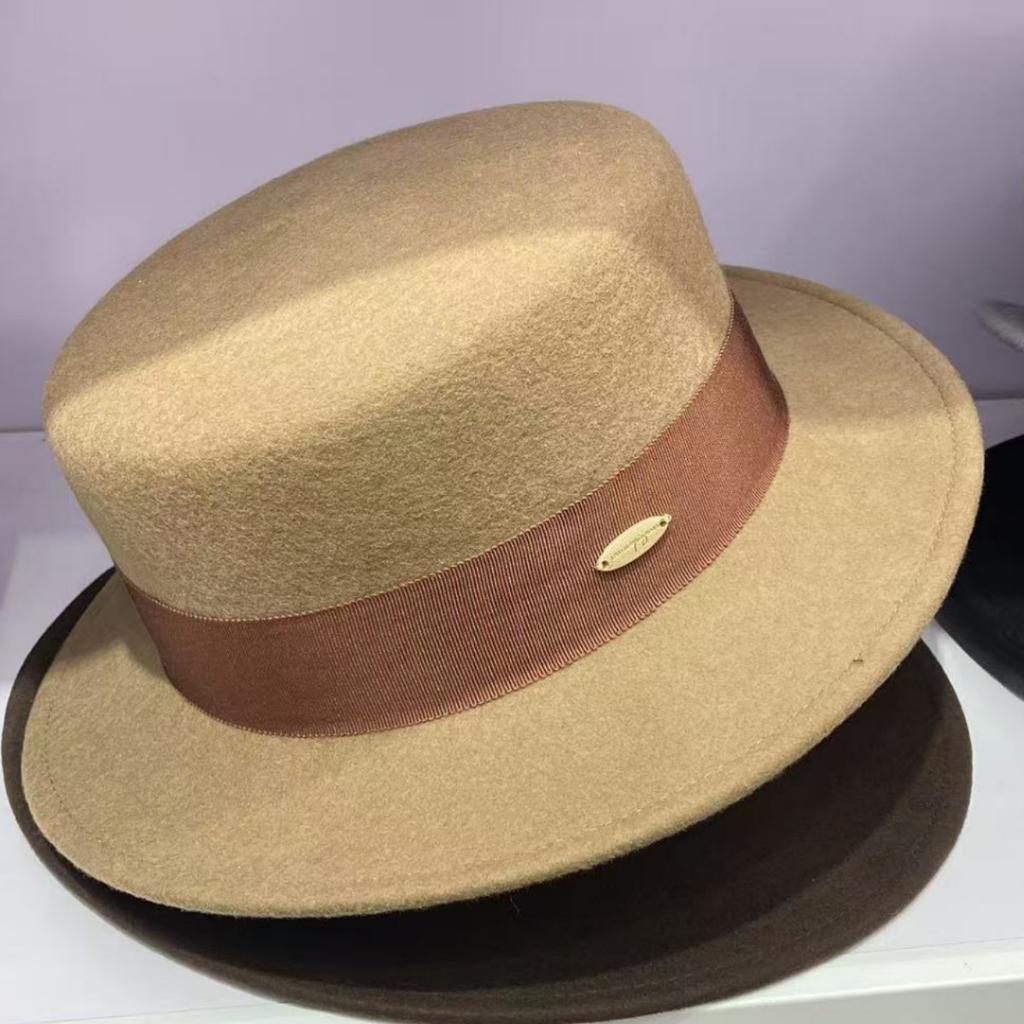 New French Retro Flat-top Woolen Top Hat Women's Autumn and Winter British Versatile Fashion Wide-brimmed Hat Simple