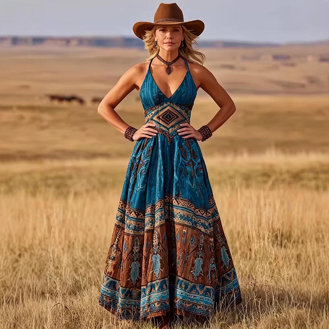 2026 European & American V-Neck Bohemian Printed Summer Dress L синий