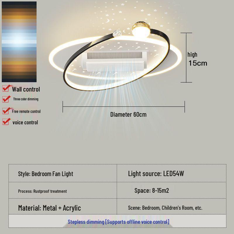 Smart Voice-Controlled Leafless Ceiling Fan Light for Living Room/Bedroom, Tricolor, Stepless Dimming, 110V.