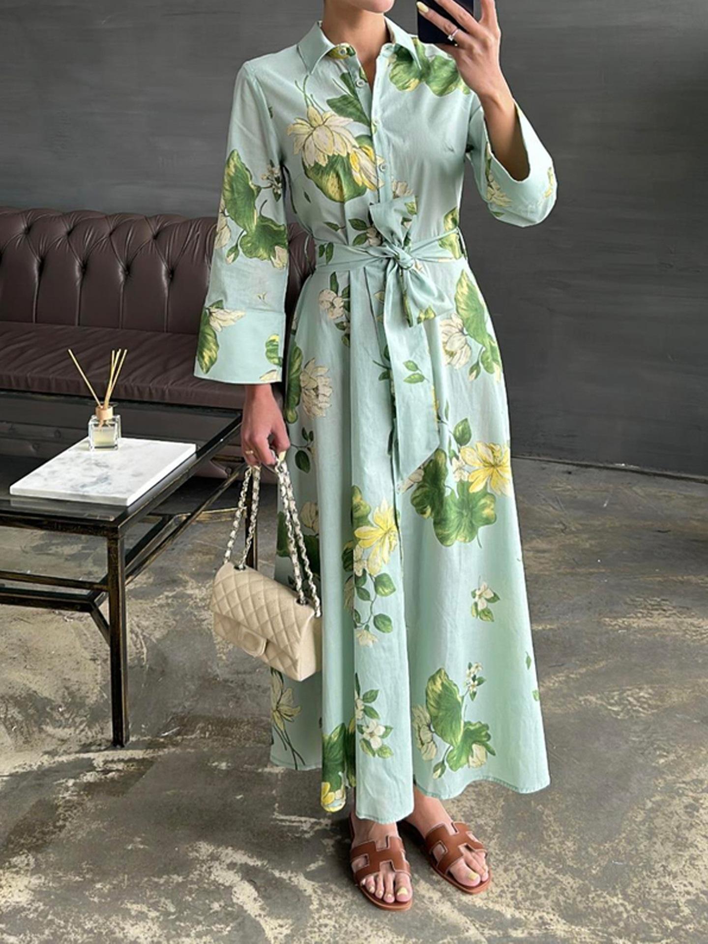 European and American cross-border autumn new leaf pattern plant print dress casual and elegant belt button dress S зелёный