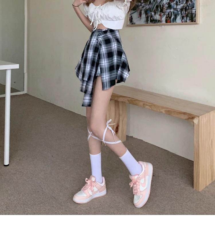 Women's 2025 Black Plaid A-Line Skort with Irregular Two-Piece Design