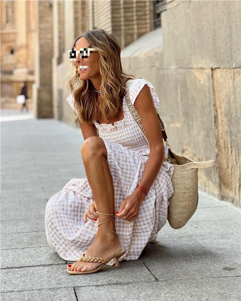 European American Women's Retro Plaid Sleeveless Maxi Dress with Thin Straps & Ruffles