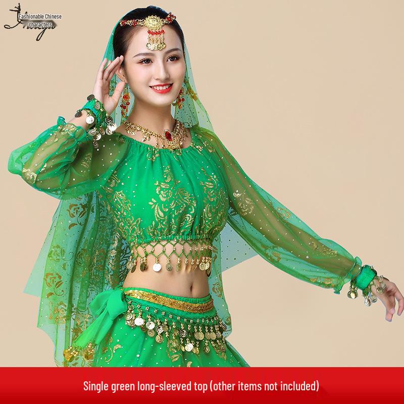 Fantasia de Apresentação de Dança do Ventre Indiana Huayu - Conjunto de Vestido de Manga Comprida de Chiffon para Mulheres