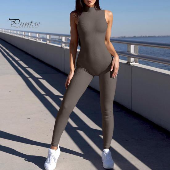 Women Sport Jumpsuit Solid Color Sleeveless Skinny Half-high Collar Elastic Soft Breathable Sweat Absorption Seamless Lady Daily Jumpsuit