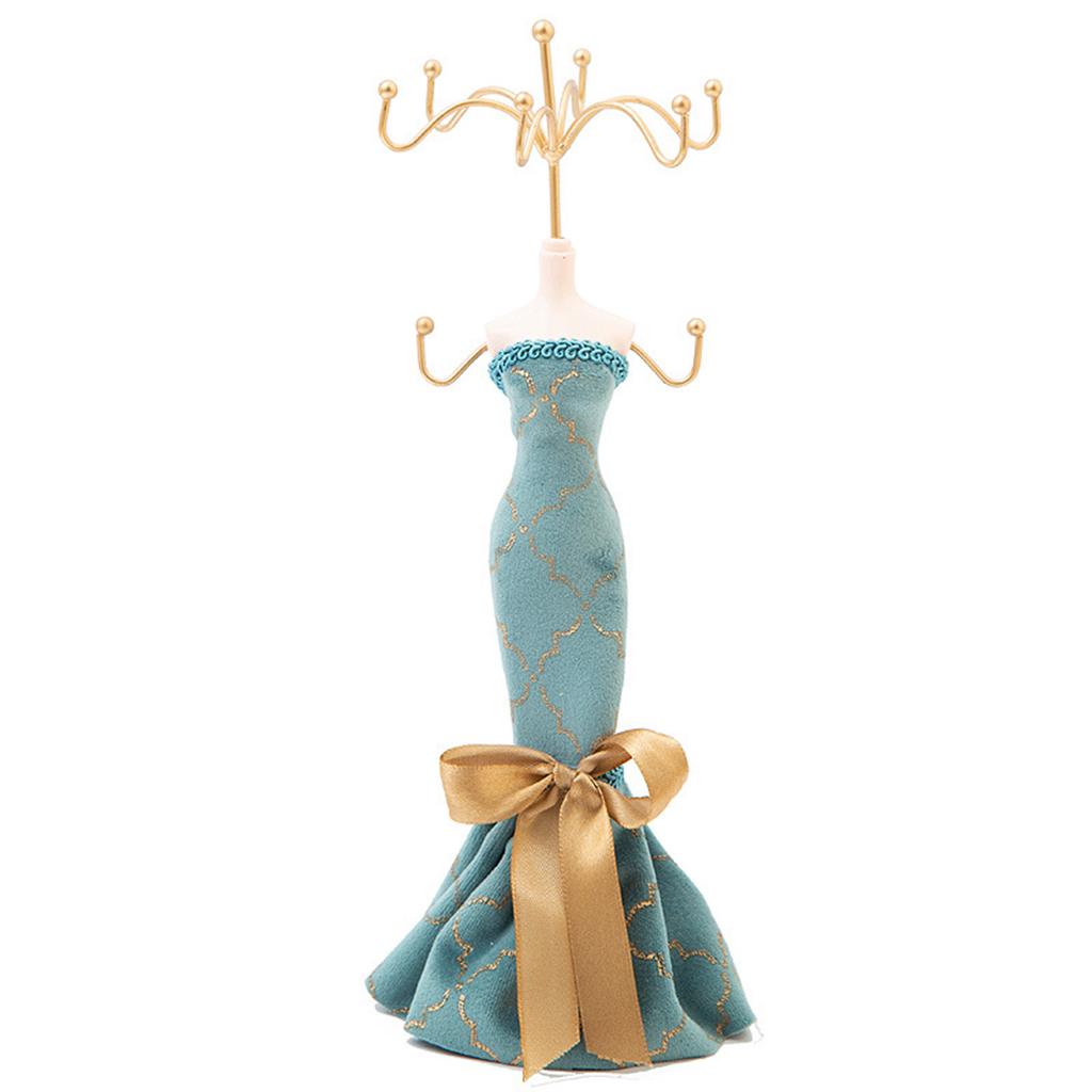 Elegant Jewelry Stand For Women Blue Mannequin Princess Dress Necklace Earring Stand Holder With Gold Accents