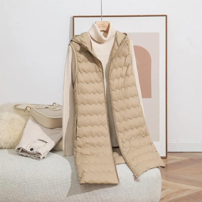 Light Thin Down Vest Women Winter Long Quilted Hooded Jackets Slim Waistcoat Autumn Basic Parkas