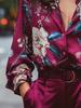 Bright floral print wine-red satin blouse suitable for date and vacation lady's shirt