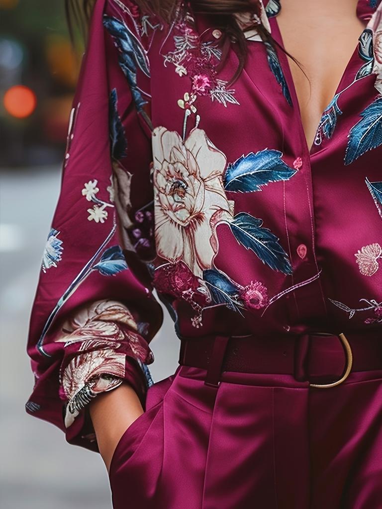 Bright floral print wine-red satin blouse suitable for date and vacation lady's shirt
