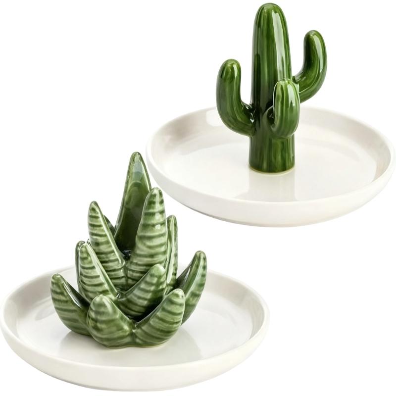 Ceramic Aloe Cactus Rings Holder Trinkets Tray Earrings Necklace Jewelry Organizers Christmas Birthday Gift for Women