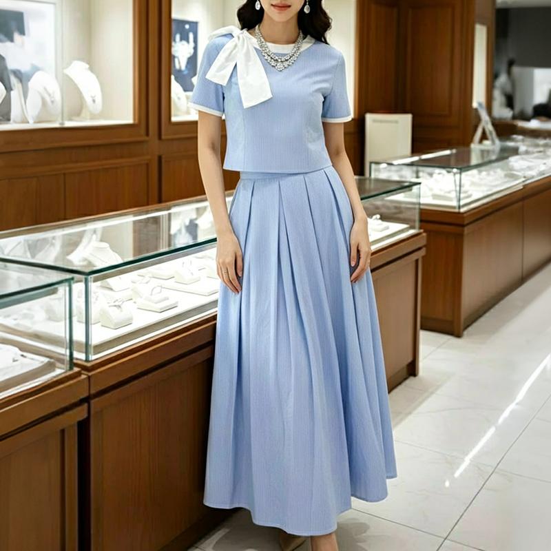 ZANZEA Women Short Sleeve Blouse and Long Skirts Elegant Casual Two Piece Suit Sets M синий