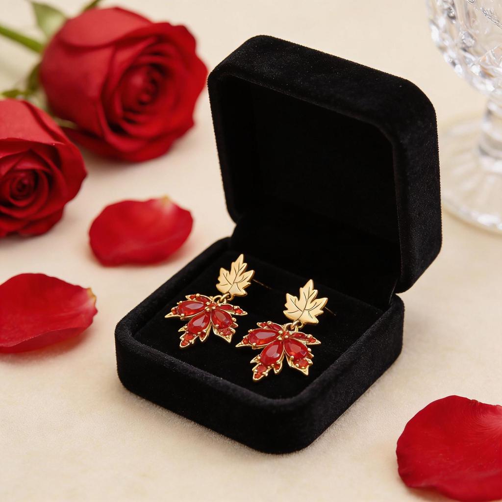 18k Gold Double Maple Leaf Stud & Ear Cuff Earrings for Women
