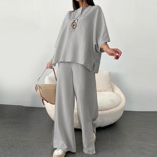 Women's Two-Piece Outfit Oversized 3/4 Sleeve Pullover Top And Wide Leg Pants Set Fall Casual Loose Lounge Set