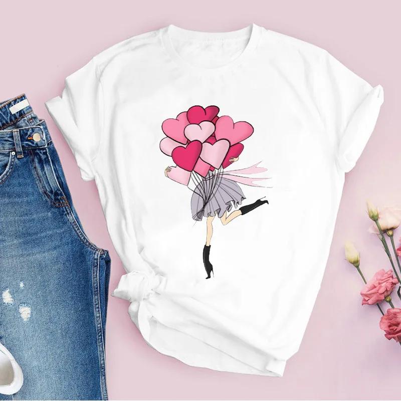 Womens White Love Balloon Butterfly Round Collar Print Tshirt Short Sleeve Graphic Dress Aesthetic Harajuku Style