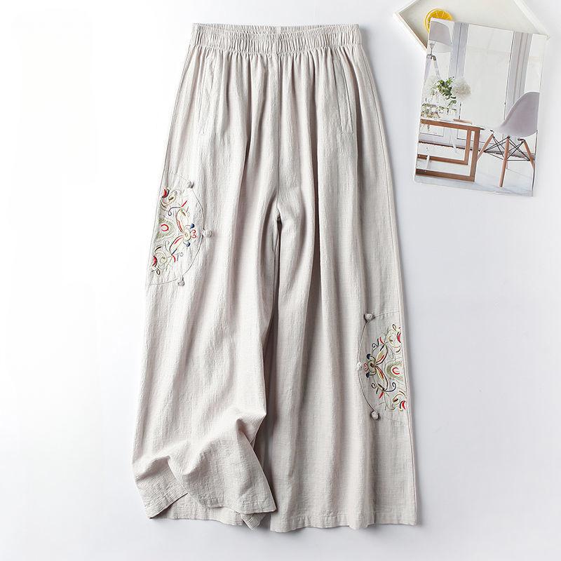 Women's Summer Cotton Wide Leg Pants Loose Vintage Elastic Waist Straight Leg Embroidered Pants Casual Pants
